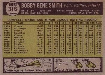 1961 Topps #316 Bobby Gene Smith Back