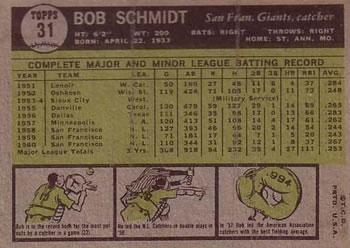 1961 Topps #31 Bob Schmidt Back