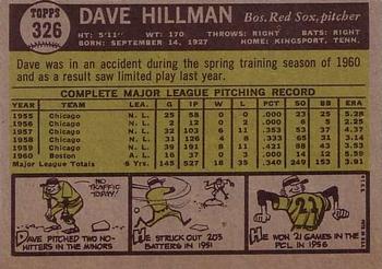 1961 Topps #326 Dave Hillman Back