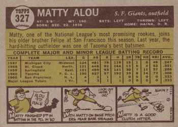 1961 Topps #327 Matty Alou Back