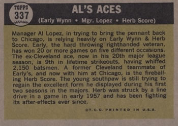 1961 Topps #337 Al's Aces (Al Lopez / Herb Score / Early Wynn) Back