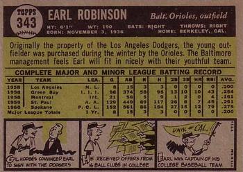 1961 Topps #343 Earl Robinson Back