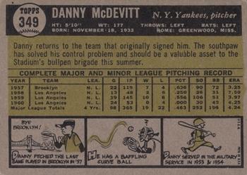1961 Topps #349 Danny McDevitt Back