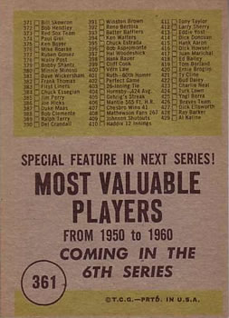 1961 Topps #361 5th Series Checklist: 353-429 Back