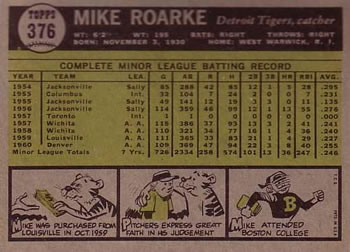 1961 Topps #376 Mike Roarke Back