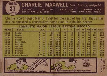 1961 Topps #37 Charlie Maxwell Back
