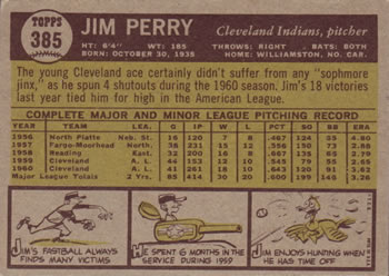 1961 Topps #385 Jim Perry Back