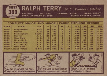 1961 Topps #389 Ralph Terry Back