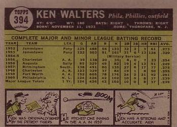 1961 Topps #394 Ken Walters Back