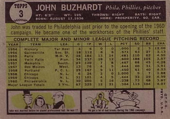 1961 Topps #3 John Buzhardt Back