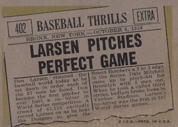 1961 Topps #402 Larsen Pitches Perfect Game Back