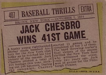 1961 Topps #407 Jack Chesbro Wins 41st Game Back