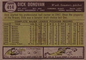 1961 Topps #414 Dick Donovan Back