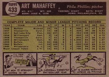 1961 Topps #433 Art Mahaffey Back