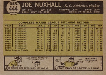 1961 Topps #444 Joe Nuxhall Back