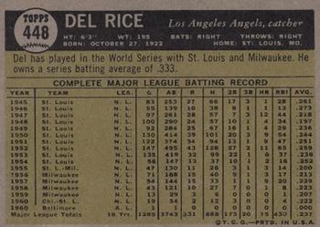 1961 Topps #448 Del Rice Back