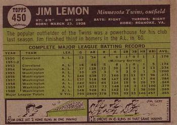 1961 Topps #450 Jim Lemon Back