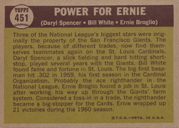 1961 Topps #451 Power For Ernie (Ernie Broglio / Daryl Spencer / Bill White) Back