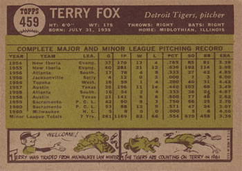 1961 Topps #459 Terry Fox Back