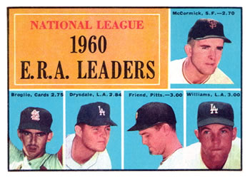 1961 Topps #45 National League 1960 E.R.A. Leaders (Mike McCormick / Ernie Broglio / Don Drysdale / Bob Friend / Stan Williams) Front