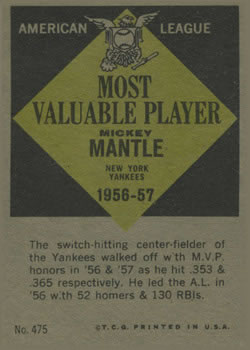 1961 Topps #475 Mickey Mantle Back