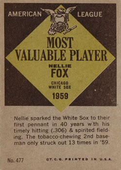 1961 Topps #477 Nellie Fox Back