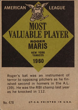 1961 Topps #478 Roger Maris Back