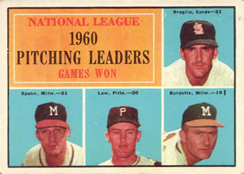 1961 Topps #47 National League 1960 Pitching Leaders Games Won (Ernie Broglio / Warren Spahn / Vern Law / Lew Burdette) Front