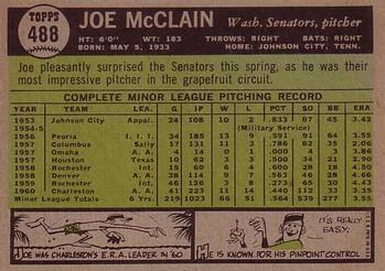 1961 Topps #488 Joe McClain Back