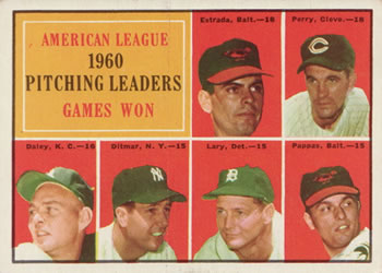 1961 Topps #48 American League 1960 Pitching Leaders Games Won (Chuck Estrada / Jim Perry / Bud Daley / Art Ditmar / Frank Lary / Milt Pappas) Front