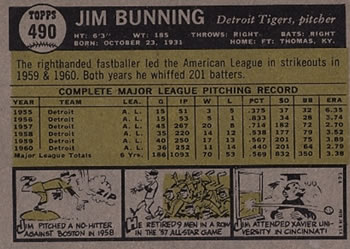 1961 Topps #490 Jim Bunning Back