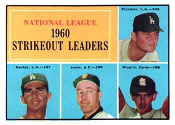 1961 Topps #49 National League 1960 Strikeout Leaders (Don Drysdale / Sandy Koufax / Sam Jones / Ernie Broglio) Front