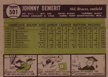 1961 Topps #501 John DeMerit Back