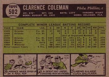 1961 Topps #502 Clarence Coleman Back