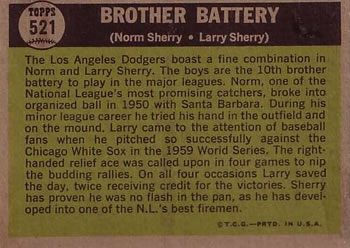 1961 Topps #521 Brother Battery (Norm Sherry / Larry Sherry) Back