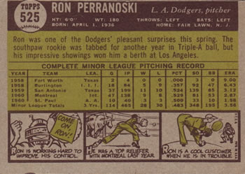1961 Topps #525 Ron Perranoski Back