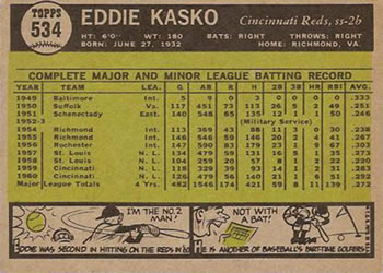 1961 Topps #534 Eddie Kasko Back