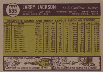 1961 Topps #535 Larry Jackson Back
