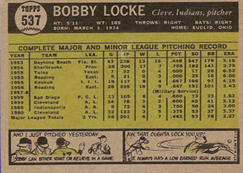1961 Topps #537 Bobby Locke Back