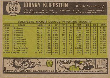 1961 Topps #539 Johnny Klippstein Back
