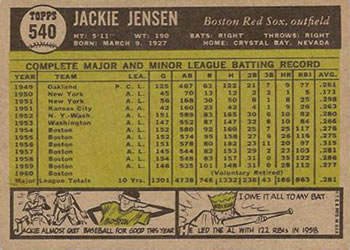 1961 Topps #540 Jackie Jensen Back