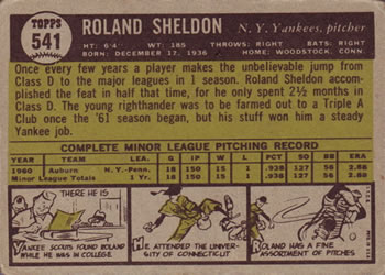 1961 Topps #541 Roland Sheldon Back