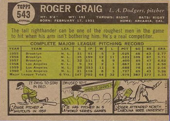 1961 Topps #543 Roger Craig Back