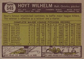 1961 Topps #545 Hoyt Wilhelm Back