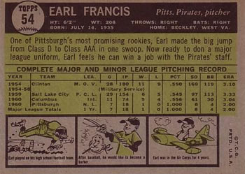 1961 Topps #54 Earl Francis Back