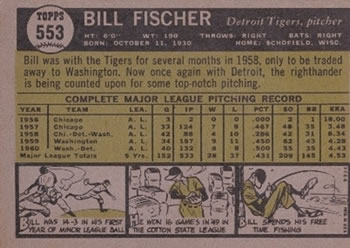 1961 Topps #553 Bill Fischer Back