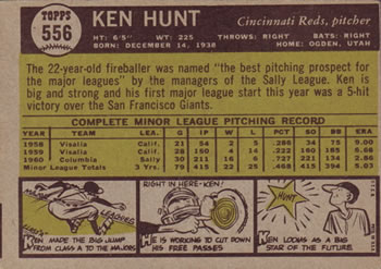 1961 Topps #556 Ken R. Hunt Back