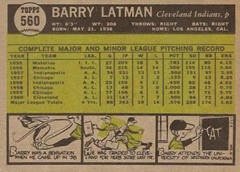 1961 Topps #560 Barry Latman Back