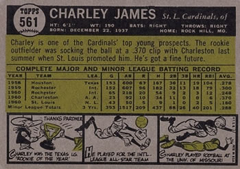 1961 Topps #561 Charley James Back