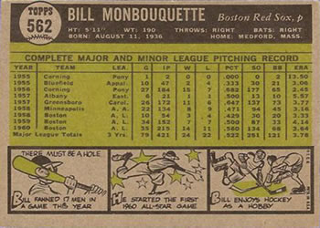 1961 Topps #562 Bill Monbouquette Back